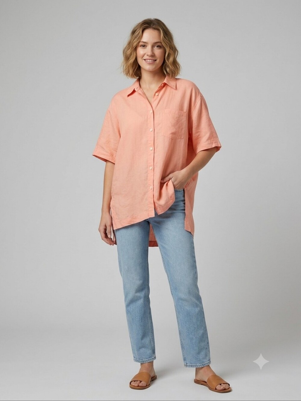Vintage Chaus Linen Silk Cotton Short Sleeve Tunic Shirt Peach Small Boho